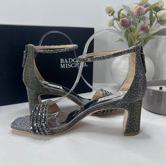 Badgley Mischka Kameryn Open Toe Block Heel Sandal Pewter Women's 8 NWB - Picture 8 of 12